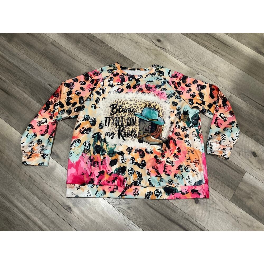 multicolor tie-dye leopard print sweatshirt blame it all on my roots cowgirl 3xl